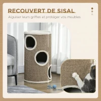 PawHut Tonneau à Gratter pour Chat, Tour à Griffer en Sisal à 3 Niveaux Recouvert de Peluche, Ø 38 x 70 cm, Marron(m-6)