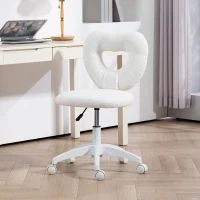 HOMCOM Sedia da Ufficio Imbottita con Schienale a Cuore e Rotelle, in Velluto Teddy e Plastica, 45x56x78-88 cm, Bianco(m-10)