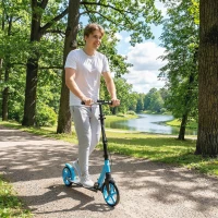 HOMCOM One-click Folding Kick Scooter for 14+ w/ Adjustable Handlebar, Push Scooter with Kickstand, Dual Brake System, Blue(m-10)