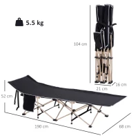 Outsunny Single Person Camping Bed Folding Cot Outdoor Patio Portable Military Sleeping Bed Travel Guest Leisure Fishing with Side Pocket and Carry Bag - Black(m-3)