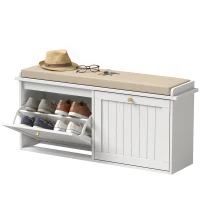 HOMCOM Panca Scarpiera con Cuscino Imbottito, 2 Cassetti Ribaltabili per 8-10 Paia di Scarpe, Bianco(m-11)