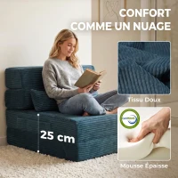 HOMCOM Canapé-Lit Pliant 3 en 1, Chauffeuse 1 Place Convertible en Velours Côtelé, Poches Latérales, Oreiller, Bleu(m-5)