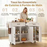 HOMCOM Îlot de cuisine avec plateau rabattable, chariot à roulettes 2 tiroirs, 3 portes, porte-racks et porte-serviettes, blanc(m-5)