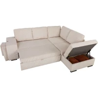 Canapé d'angle convertible réversible - 4/5 places - MITCHELL - Velours côtelé Beige - Coffre, Poufs USB - 247 x 205 x 91 cm(m-4)