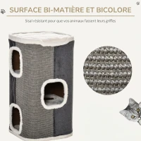 PawHut Tonneau à Gratter pour Chat 3 Niveaux en Peluche et Sisal, 3 Zones, 2 Grands Trous Interconnectés, 40x40x74cm, Gris(m-5)