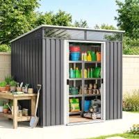 Outsunny 6.5 x 4FT Galvanised Metal Shed with Foundation Kit, Lockable Tool Garden Shed with Double Sliding Doors, Vents, Grey(m-20)