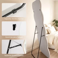 HOMCOM Espejo de Cuerpo Entero 160x60 cm Marco Ondulado Aterciopelado Independiente Apoyado y de Pared Crema(m-8)