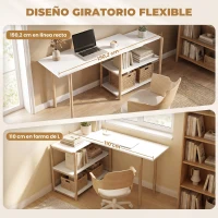 HOMCOM Escritorio Plegable de Ordenador Moderno con Estantes de Almacenamiento y Estructura de Bambú Blanco y Roble(m-4)