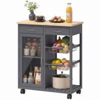 HOMCOM Bamboo Kitchen Island, Rolling Kitchen Trolley with Glass Door, 2 Metal Wire Baskets and Adjustable Shelf, Grey(m-15)