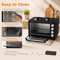 HOMCOM 36L Mini Oven with Dual Hot Plates, Electric Countertop Cooker with Convection, 90–230°C Adjustable Temperature(m-9)