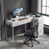 HOMCOM Escritorio Esquinero Reversible con 6 Cajones 126x48 cm con Toma de Corriente Puerto de Carga USB y USB-C Blanco(m-10)