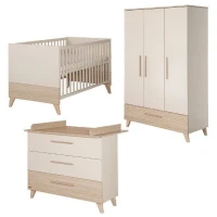 Chambre bébé trio : Lit évolutif 70 x 140 cm + Commode a langer + Armoire - SIDNEY - ROBA - Chene / Beige(m-2)