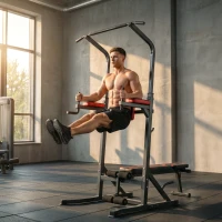 HOMCOM Estación de Musculación Plegable Altura Ajustable con Barra de Dominadas Banco Reclinable para Gimnasio Negro y Rojo(m-14)