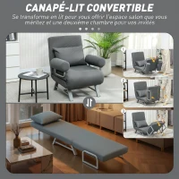 HOMCOM Fauteuil Convertible 1 Place, Fauteuil-Lit Pliable Rembourré en Lin avec Dossier Réglable, Oreiller, Gris Foncé(m-4)