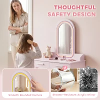 AIYAPLAY Kids Dressing Table, Girls Vanity Set with Stool, 3-Colour LED Lights Mirror, Large Drawer for Ages 3-8, Pink(m-6)