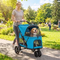PawHut Carrito para Perros Plegable con 3 Ruedas Ventanas de Malla Cojín Lavable Todo Terreno Carga 20 kg 92x63x95 cm Azul(m-10)