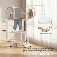 HOMCOM Séchoir à linge pliable 4 niveaux avec roulettes, étendoir linge intérieur avec ailes latérales, cadre en acier, blanc(m-4)