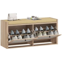 HOMCOM Rattan Shoe Bench with Padded Cushion and 2 Cabinets for Hidden Storage, Oak Wood Effect(m-11)