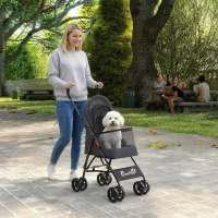 PawHut Dog Stroller, Foldable Cat Dog Pram for Miniature Breeds, Pet Stroller with Brake, Mesh Windows, Dark Grey(m-10)