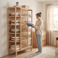 HOMCOM Armoire Chambre Penderie en Bambou 5 Niveaux avec Porte Coulissante, Design Aéré à Lattes, Bois Naturel(m-16)