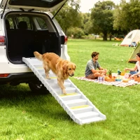PawHut Rampa Pieghevole per Cani per Auto a 10 Gradini con Strisce e Piedini Antiscivolo, Bianco(m-2)