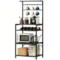 HOMCOM Freestanding Shelving Unit, Industrial Storage Shelf with 6 Hooks and Wine Rack for Living Room, Home Office, Black(m-14)