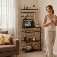 HOMCOM Freestanding Shelving Unit, Industrial Storage Shelf with 6 Hooks and Wine Rack for Living Room, Home Office, Black(m-7)