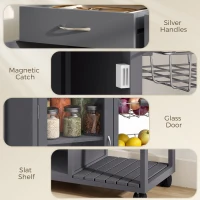 HOMCOM Bamboo Kitchen Island, Rolling Kitchen Trolley with Glass Door, 2 Metal Wire Baskets and Adjustable Shelf, Grey(m-7)