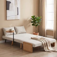 HOMCOM Sofá Cama 2 Plazas Convertible 3 en 1 Tapizado en Chenilla con Respaldo Ajustable Mesa Lateral 2 Almohadas Blanco Crema(m-10)