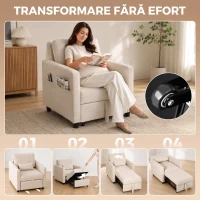HOMCOM Fotoliu Extensibil 3 în 1 Pliabil cu Spătar Reglabil, Material cu Aspect de In, 78 x 94,5 x 83 cm, Alb Crem(m-4)