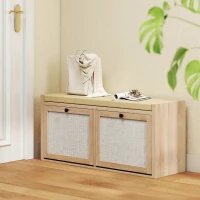 HOMCOM Rattan Shoe Bench with Padded Cushion and 2 Cabinets for Hidden Storage, Oak Wood Effect(m-10)
