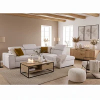 Canapé d'angle convertible réversible - 5 places - DAYTONA - Tissu texturé Beige - Coffre - 260 x 216 x 94 cm(m-2)