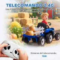 HOMCOM Trattore Elettrico per Bambini con Rimorchio Rimovibile, Telecomando, Porta USB, Musica e Luci, Età 3-6 Anni, Blu(m-5)