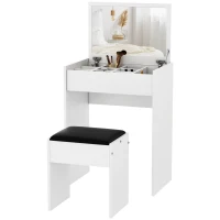 HOMCOM Dressing Table with Mirror and Stool, Vanity Makeup Table with Flip Up Mirror, Vanity Desk with Storage Unit and Padded Seat, White(m-10)