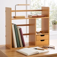 HOMCOM Organizator de Birou cu 2 Sertare și Rafturi pentru Documente, Bambus, 48x19,5x 46 cm, Culoare Lemn(m-8)