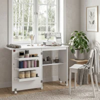 HOMCOM Folding Sewing Table, Drop Leaf Craft Table with Storage Bins, Open Shelf and Wheels, Rolling Sewing Machine Cabinet Computer Desk for Small Space, White(m-8)
