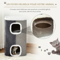 PawHut Tonneau à Gratter pour Chat 3 Niveaux en Peluche et Sisal, 3 Zones, 2 Grands Trous Interconnectés, 40x40x74cm, Gris(m-4)