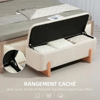 HOMCOM Banc de Rangement, Bout de Lit Rembourré, Charnières de Sécurité, Pieds Forme U en Bois d'Hévéa Stable, Crème(m-4)