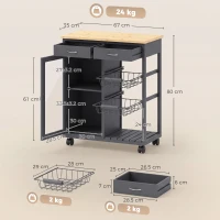 HOMCOM Bamboo Kitchen Island, Rolling Kitchen Trolley with Glass Door, 2 Metal Wire Baskets and Adjustable Shelf, Grey(m-3)