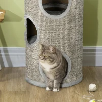 PawHut Tonneau à gratter pour chat, tour à griffer en sisal à 3 niveaux recouvert de peluche, Ø 38 x 70 cm, gris(m-8)