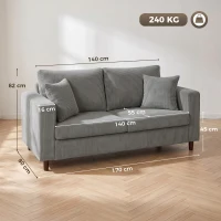 HOMCOM Loveseat Sofa with Wide Seat, Corduroy 2 Seater Couch with Deep Seat, Spring Cushion, Light Grey(m-3)