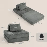 HOMCOM Canapé-lit pliant 2 en 1, chauffeuse 1 place, convertible en chenille, coussin épais, dossier et oreiller, gris(m-3)