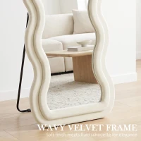 HOMCOM Full Length Mirror, 160 x 60 cm Wavy Full Body Wall Standing Mirror with Velvet Frame and Tempered Glass, Cream White(m-4)