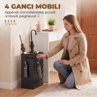 HOMCOM Portaombrelli in Acciaio con 4 Ganci, Vaschetta Raccogligocce Estraibile, Nero(m-5)