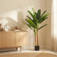 HOMCOM Árbol de Plátano Artificial 150 cm Planta Artificial Decorativa con Maceta y  2 Troncos para Hogar Oficina Salón Verde(m-8)