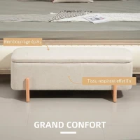 HOMCOM Banc de Rangement, Bout de Lit Rembourré, Charnières de Sécurité, Pieds Forme U en Bois d'Hévéa Stable, Crème(m-5)