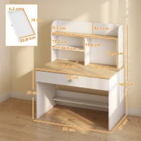AIYAPLAY Secretária Infantil com Prateleira, 3 Compartimentos e Gaveta – Mesa de Estudo 80x50x100 cm, Branco, 3-8 Anos(m-3)