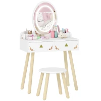AIYAPLAY Coiffeuse pour enfant 2 en 1 bureau enfant fille avec miroir à LED 3 couleurs et tabouret 60x30x99,3 cm blanc(m-11)