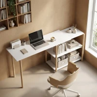 HOMCOM Escritorio Plegable de Ordenador Moderno con Estantes de Almacenamiento y Estructura de Bambú Blanco y Roble(m-10)