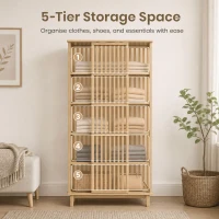 HOMCOM Armoire Chambre Penderie en Bambou 5 Niveaux avec Porte Coulissante, Design Aéré à Lattes, Bois Naturel(m-5)